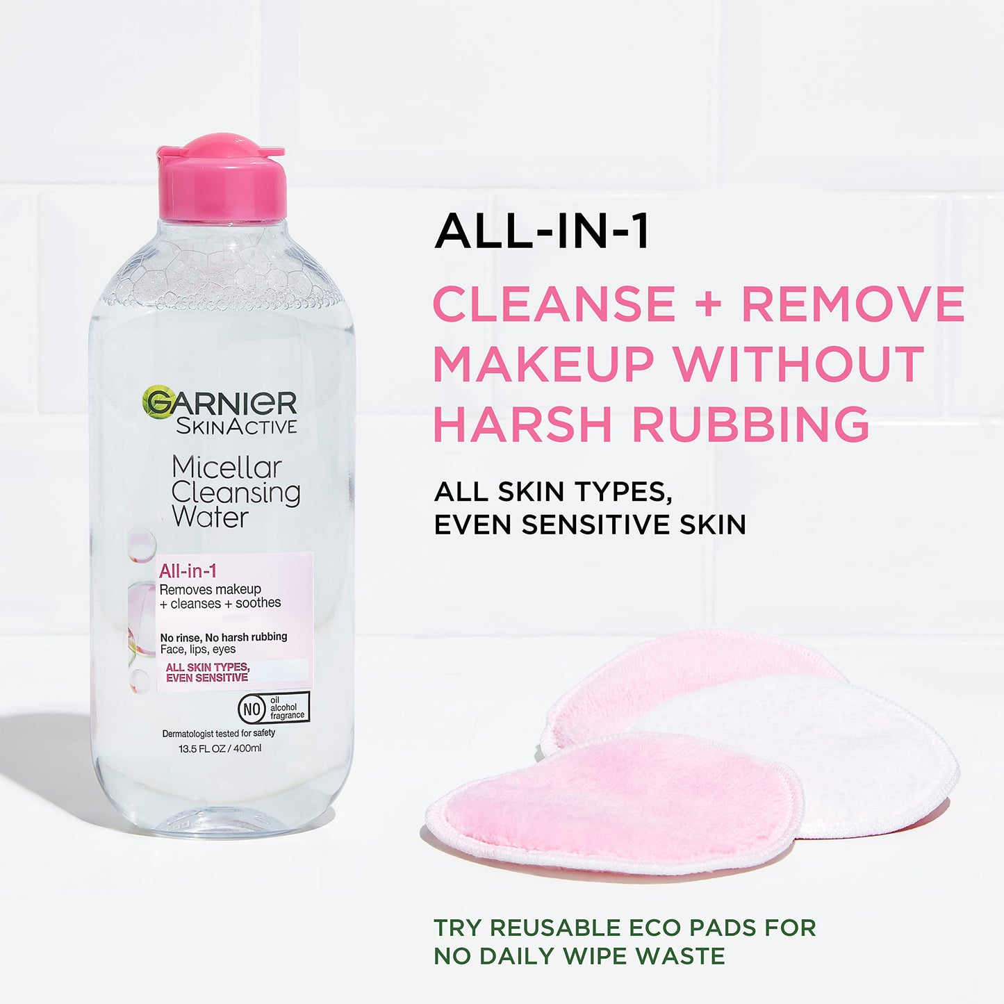 Garnier Micellar Cleansing Water, All-in-1 Makeup Remover and Facial Cleanser, For All Skin Types, 3.4 Fl Oz (100mL), 1 Count (Packaging May Vary)
