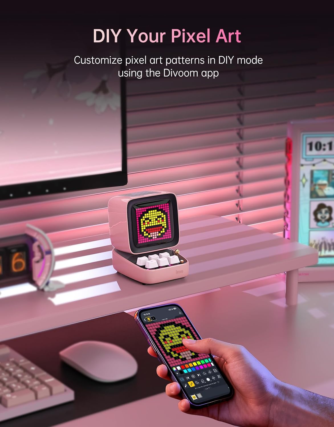 Divoom Ditoo Retro Pixel Art 15W Bluetooth Speaker,Cute Speaker with Alarm,White Noise & Mini Games,Iconic Desk Setup Speaker with 16X16 LED App Controlled Front Screen,Gifts for Anyone (Pink)