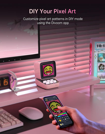Divoom Ditoo Retro Pixel Art 15W Bluetooth Speaker,Cute Speaker with Alarm,White Noise & Mini Games,Iconic Desk Setup Speaker with 16X16 LED App Controlled Front Screen,Gifts for Anyone (Pink)