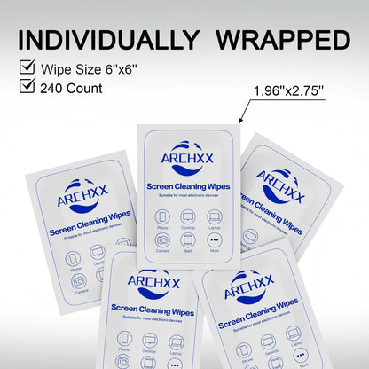 ARCHXX Screen Wipes for Electronics, 120 Count 6"x6" Pre-Moistened Screen Cleaner for Screens, Computer,Laptop,Tablet,Phone,Monitor,Car Screen Cleaner, Lens Wipes Individually Wrapped