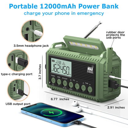 Auto NOAA Emergency Weather Radio, Solar Hand Crank Radio,Portable Battery Operated Emergency Radio with AM FM Shortwave,USB Charger,LED Flashlight,Clock, SOS Alert for Home Outdoors Camping Survival