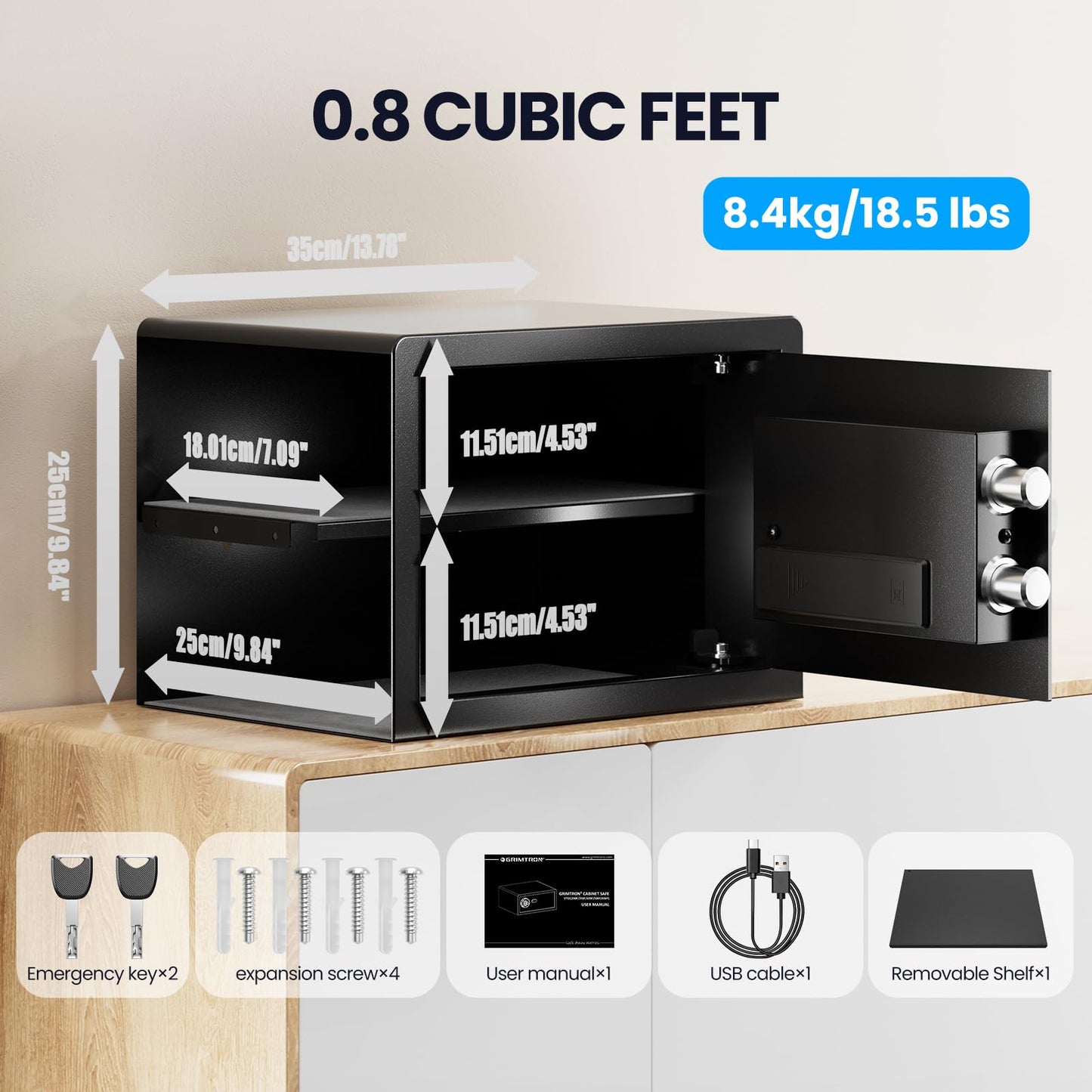 Grimtron Smart Biometric Safe - (0.80 cu. ft.) Fingerprint Lock Box with Silent Mode, Backlit Keypad and LED Light, Small Caja Fuerte with Anti-Rust and Anti-Theft