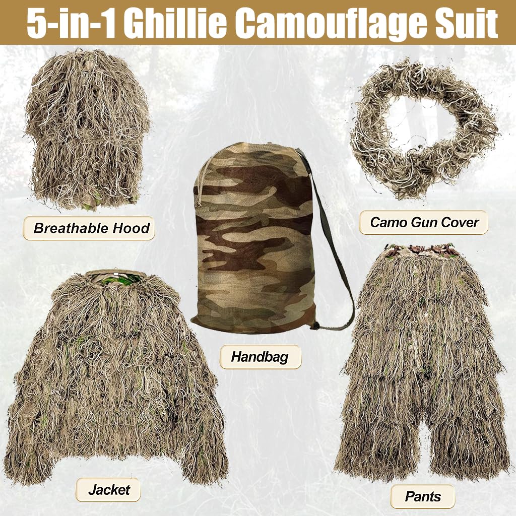 MOPHOTO 5 in 1 Ghillie Suit 3D Camouflage Hunting Suits - Jacket, Pants, Hood, Carry Bag for Adults & Youth, M/L/XL/XXL