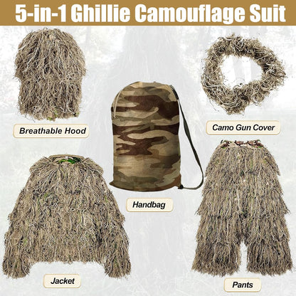 MOPHOTO 5 in 1 Ghillie Suit 3D Camouflage Hunting Suits - Jacket, Pants, Hood, Carry Bag for Adults & Youth, M/L/XL/XXL