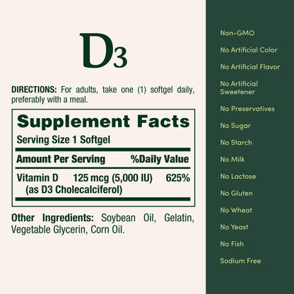 Nature's Bounty Vitamin D3, Immune Support, 125 mcg (5000iu), Rapid Release Softgels, 240 Ct (package may differ)
