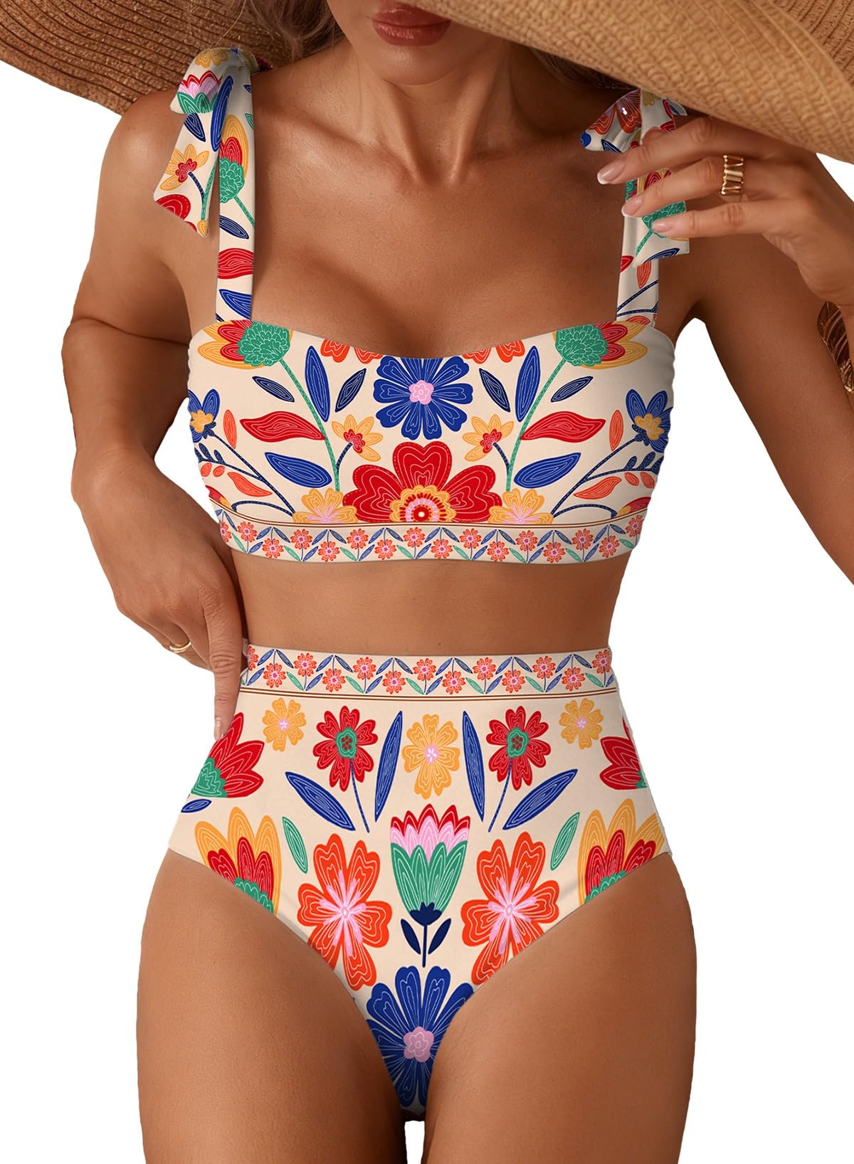 Herseas Women's Tie Shoulder Bikini Sets 2 Piece High Waisted Swimsuits