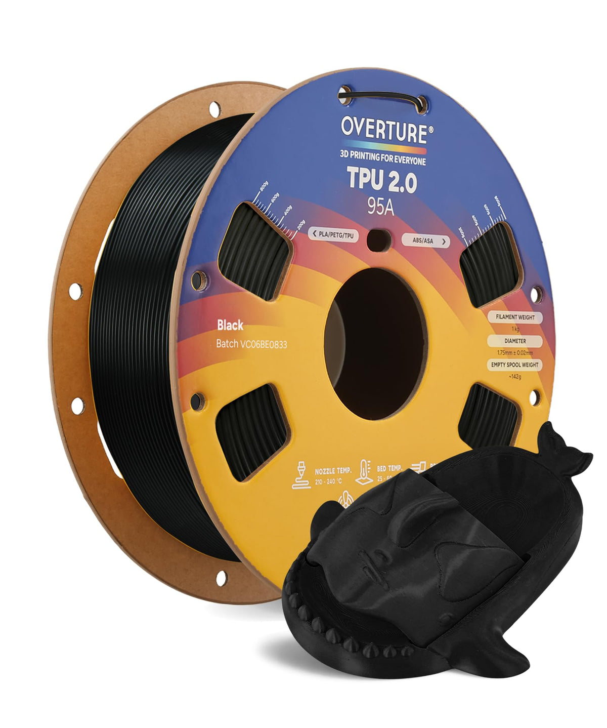 OVERTURE TPU 95A Flexible 3D Printer Filament 1.75mm, 1kg Black