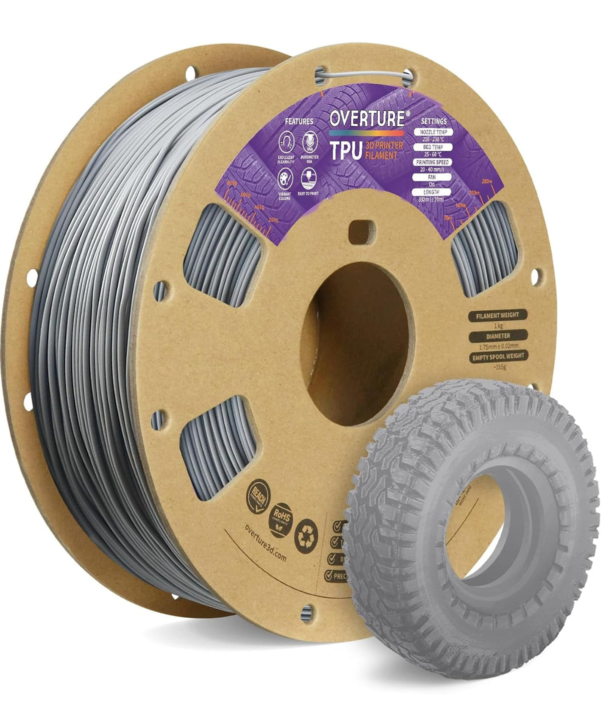 OVERTURE TPU 95A Flexible 3D Printer Filament 1.75mm, 1kg Black
