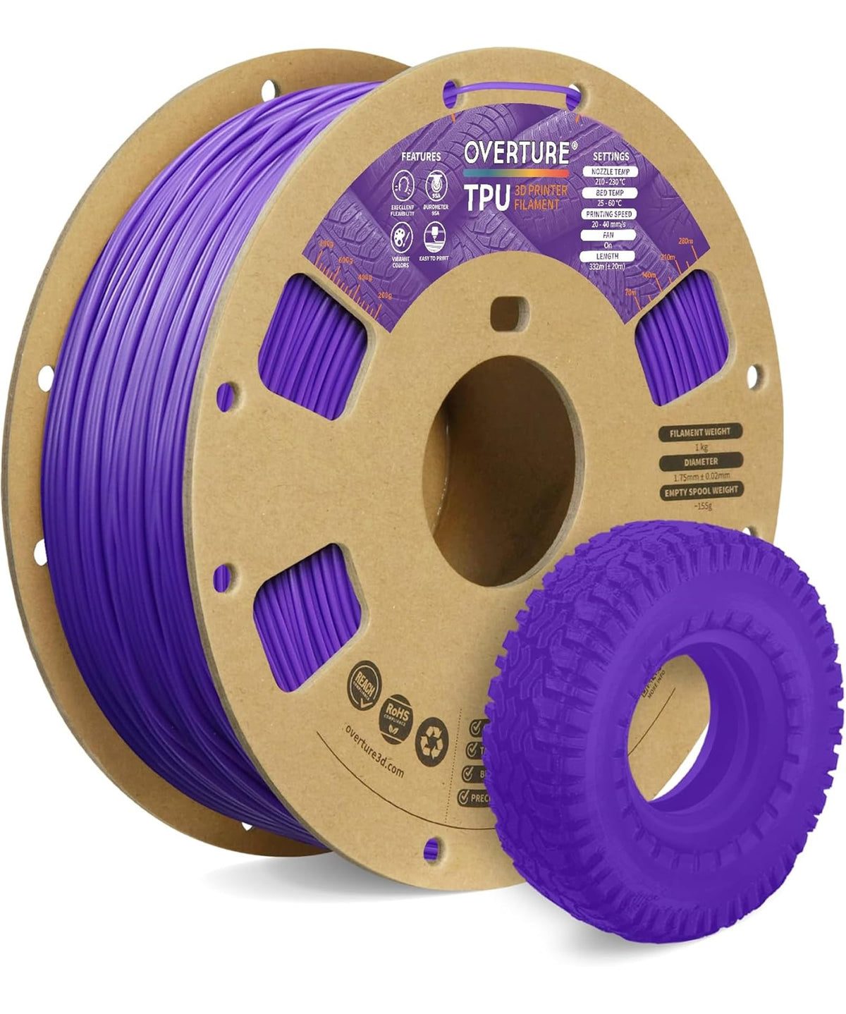 OVERTURE TPU 95A Flexible 3D Printer Filament 1.75mm, 1kg Black