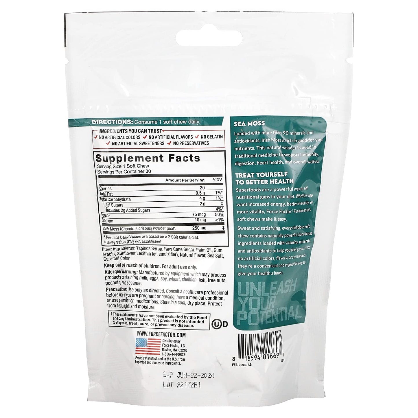 Force Factor Superior Sea Moss Gut Health + Skin Support, Support Gut Health & Healthy Skin, Hair & Nails, Boost Energy & Immune Health, with Biotin & LactoSpore Probiotics, S’Mores, 60 Soft Chews