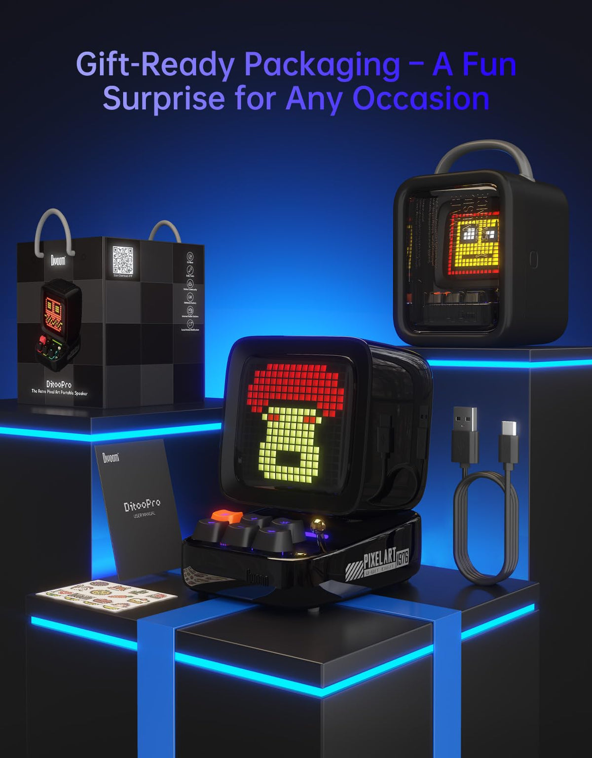Divoom Ditoo Retro Pixel Art 15W Bluetooth Speaker,Cute Speaker with Alarm,White Noise & Mini Games,Iconic Desk Setup Speaker with 16X16 LED App Controlled Front Screen,Gifts for Anyone (Pink)