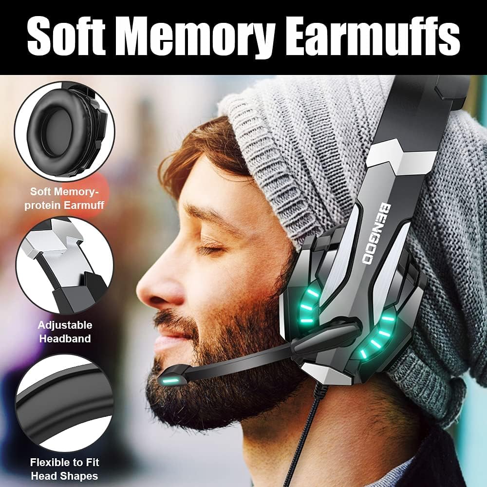 BENGOO G9000 Stereo Gaming Headset for PS4 PC Xbox One PS5 Controller, Noise Cancelling Over Ear Headphones with Mic, LED Light, 7.1 Surround Sound, Soft Memory Earmuffs for Nintendo Xbox Series X|S