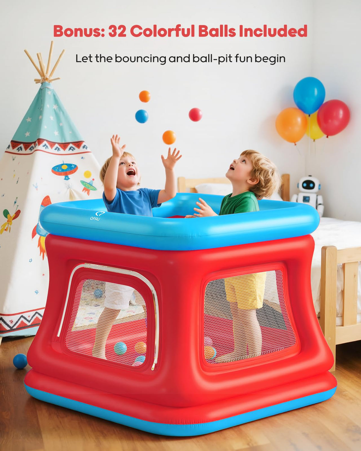 QPAU 3-in-1 Inflatable Bounce House with Pump for Toddlers 1-3