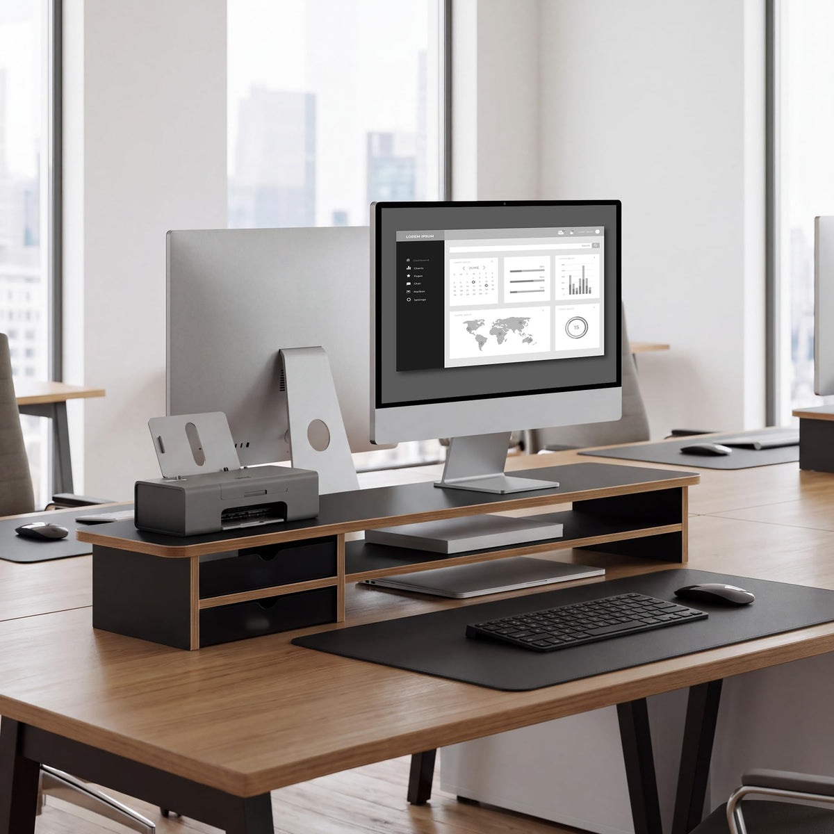 Fenge Monitor Stand, Desk Computer Riser with Frosted Storage Drawer, Oak