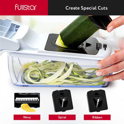 Fullstar Mandoline Slicer for Kitchen - Vegetable Chopper, Onion Potato Food Veggie Fruit Slicer and Cutter with Container, Kitchen Gadgets & Gifts, Home Essentials (10-in-1, White/Black)