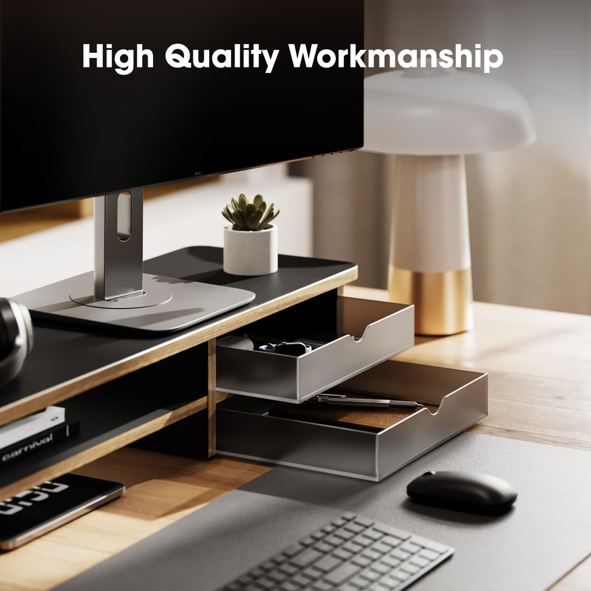 Fenge Monitor Stand, Desk Computer Riser with Frosted Storage Drawer, Oak