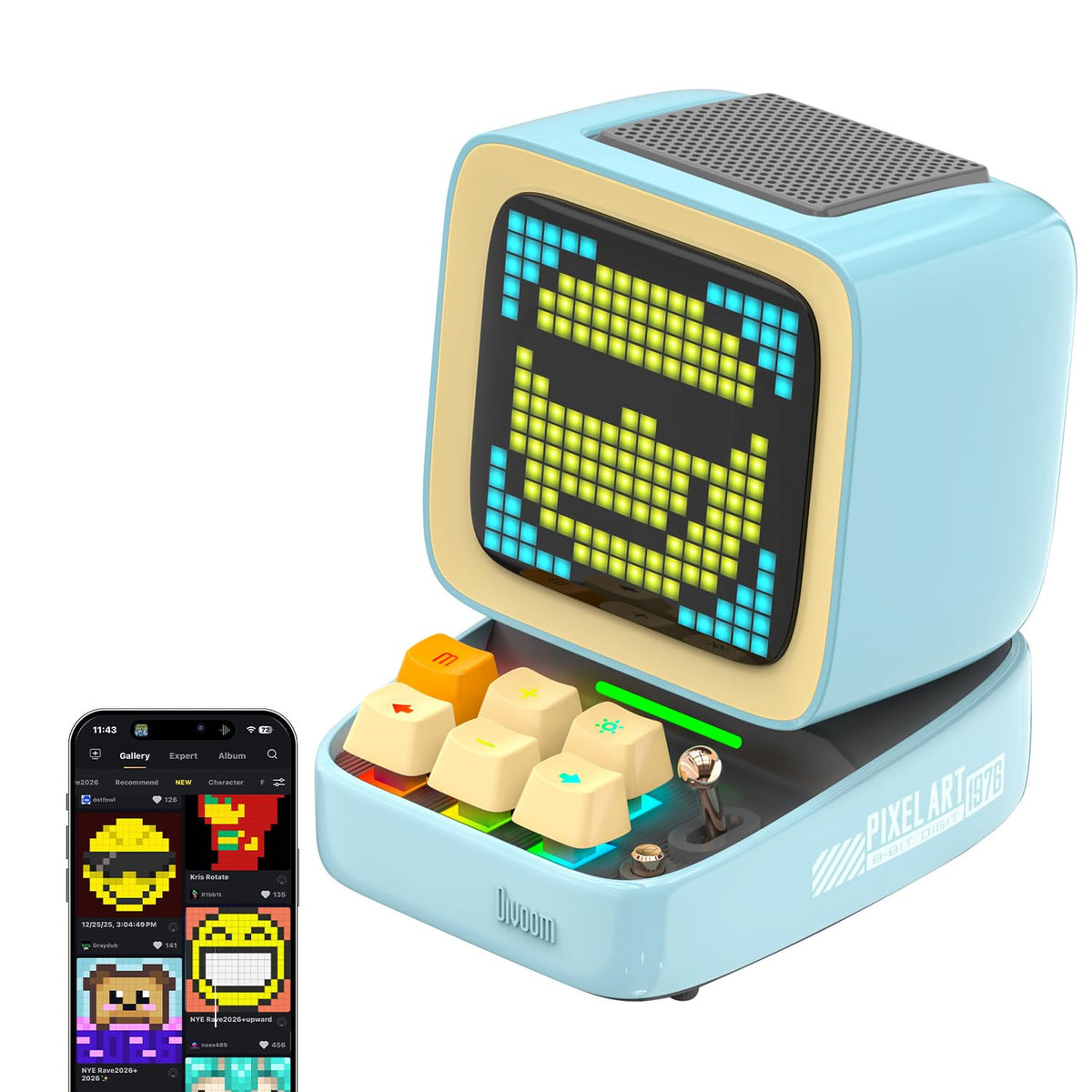 Divoom Ditoo Retro Pixel Art 15W Bluetooth Speaker,Cute Speaker with Alarm,White Noise & Mini Games,Iconic Desk Setup Speaker with 16X16 LED App Controlled Front Screen,Gifts for Anyone (Pink)