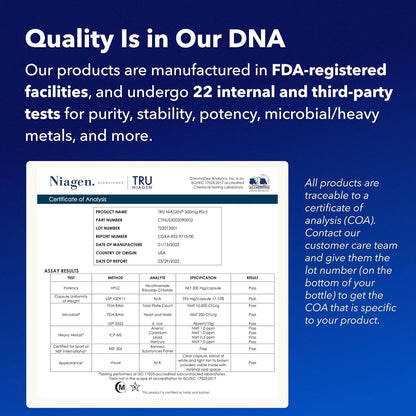 TRU NIAGEN Patented NAD+ Supplement for Anti Aging and Cell Regeneration, 300 mg Niagen, 30 Servings | Supports Cellular Energy, Brain, Muscle | Nicotinamide Riboside (NR) Take 1 Daily | 1 Bottle