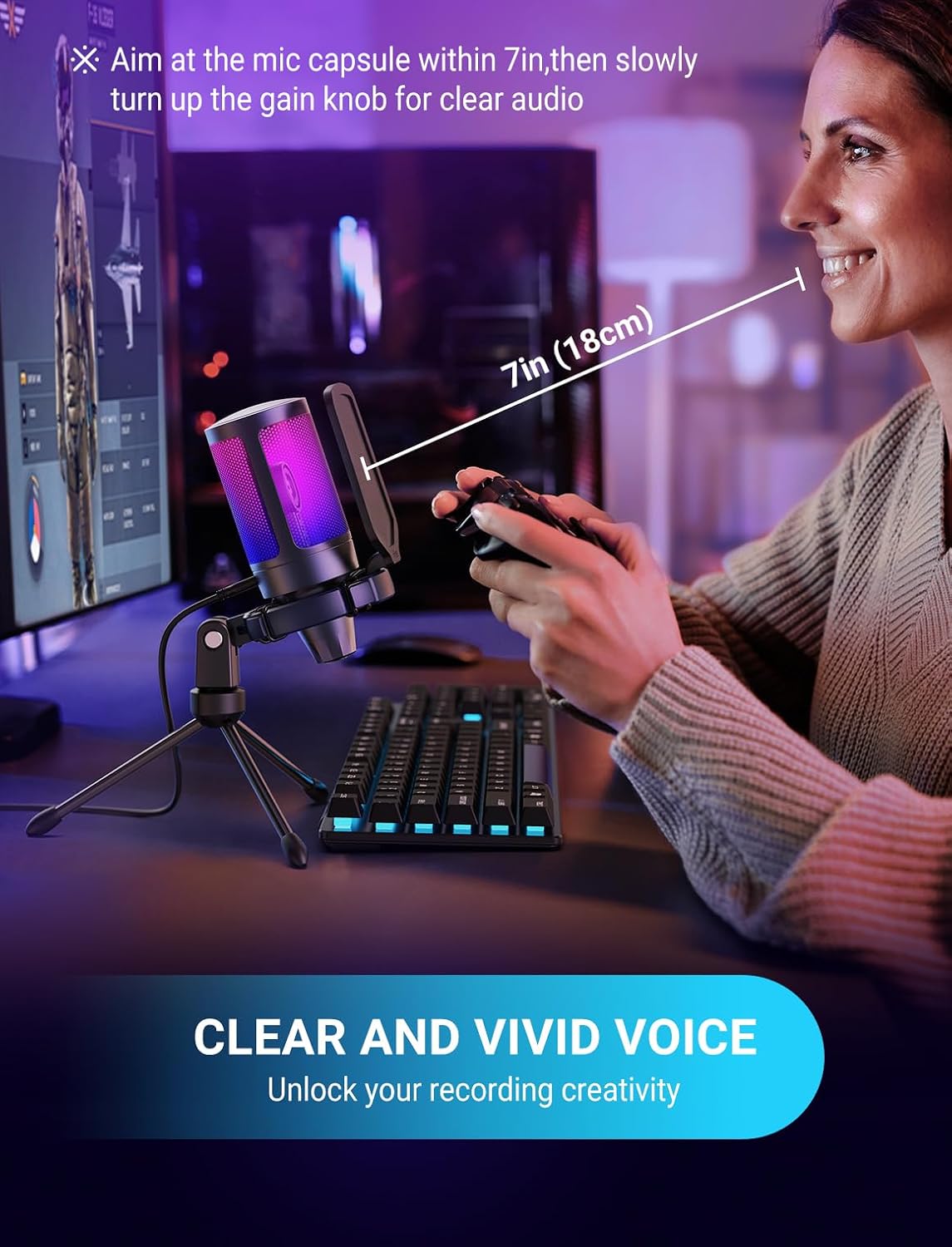 FIFINE AmpliGame A6V USB Gaming Microphone, Condenser RGB Mic for Streaming