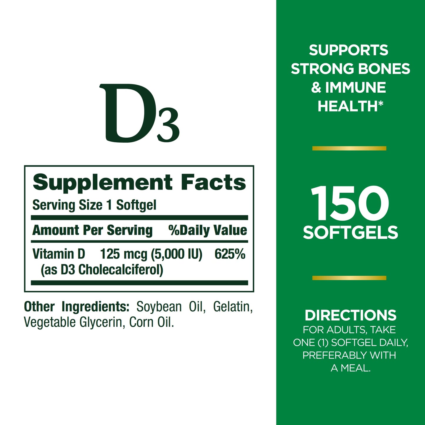 Nature's Bounty Vitamin D3, Immune Support, 125 mcg (5000iu), Rapid Release Softgels, 240 Ct (package may differ)
