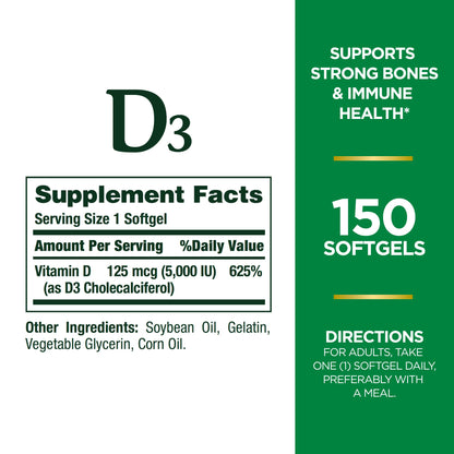 Nature's Bounty Vitamin D3, Immune Support, 125 mcg (5000iu), Rapid Release Softgels, 240 Ct (package may differ)