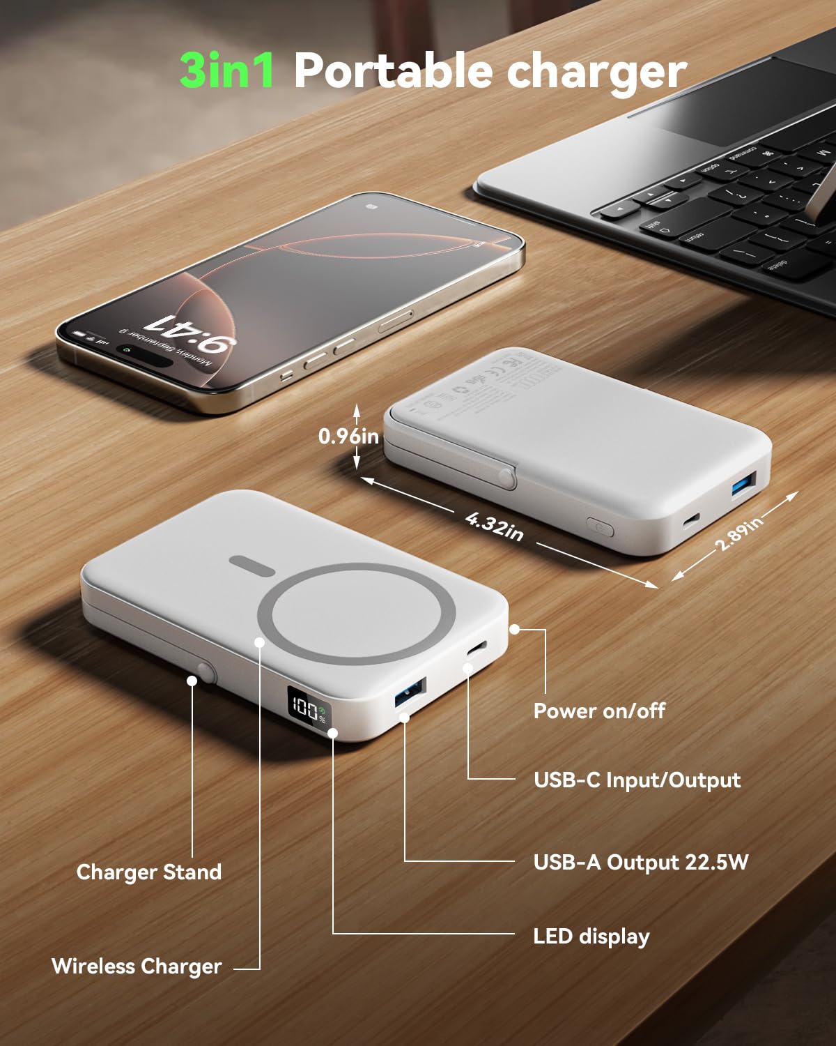 Magnetic Portable Charger,10000mAh Wireless Magnetic Power Bank with Stand for MagSafe Charger,LED Display Magnetic Battery Pack,Compatible with iPhone 16/15/14/13/12 All Series–Dark Blue