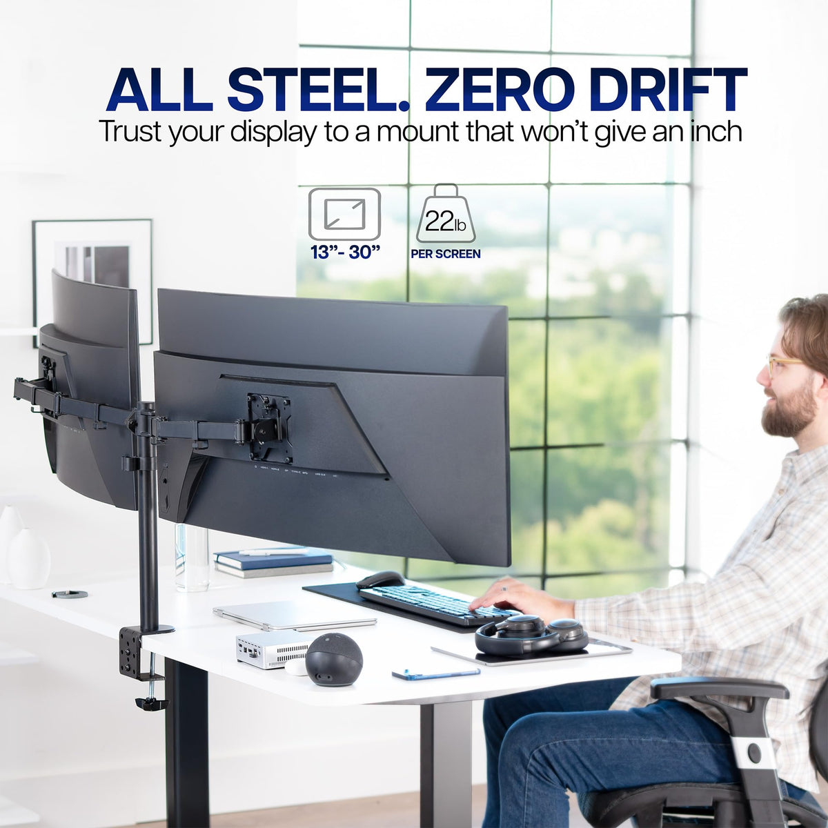 VIVO Dual Monitor Desk Mount, Holds 2 Computer Screens up to 30 inches and 22lbs Each, Heavy Duty Fully Adjustable Steel Stand with C-Clamp and Grommet, Black, STAND-V002