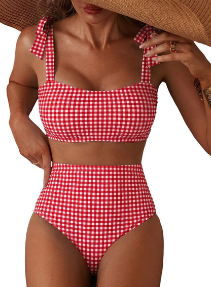 Herseas Women's Tie Shoulder Bikini Sets 2 Piece High Waisted Swimsuits
