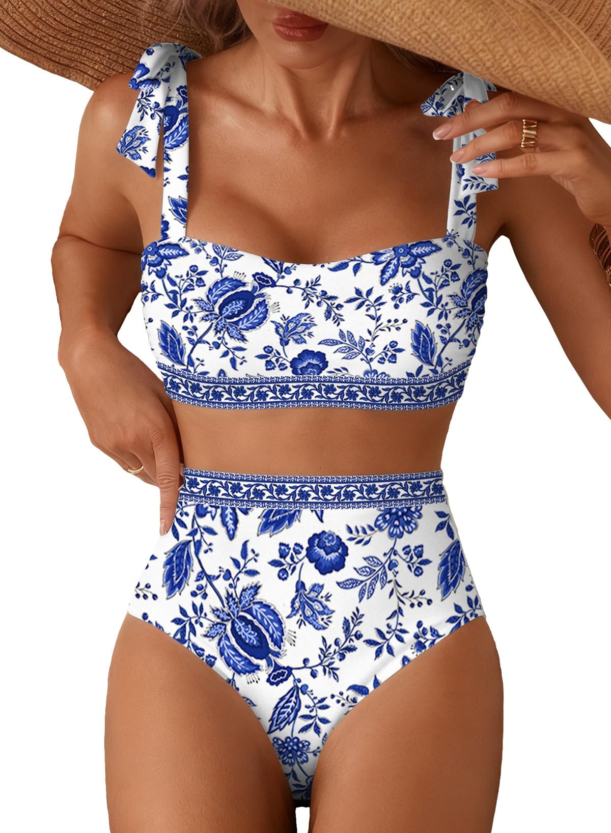 Herseas Women's Tie Shoulder Bikini Sets 2 Piece High Waisted Swimsuits