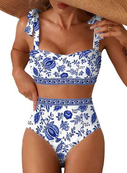 Herseas Women's Tie Shoulder Bikini Sets 2 Piece High Waisted Swimsuits