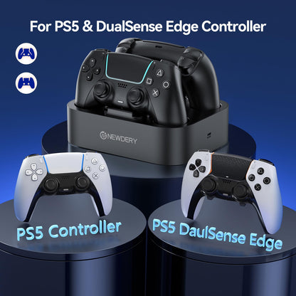 NEWDERY for PS5 Controller Charger Station Compatible with Dualsense Edge, Fast Charging Dock Stand with Cable, Dual Charging Station for PlayStation 5 & DualSense Edge Controller