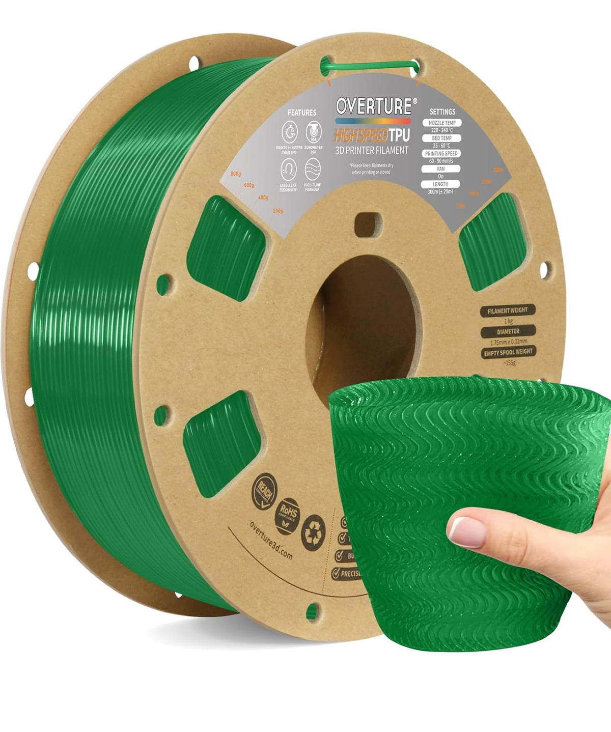 OVERTURE TPU 95A Flexible 3D Printer Filament 1.75mm, 1kg Black