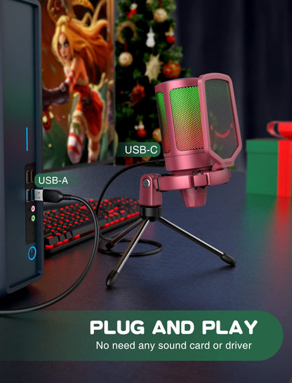 FIFINE AmpliGame A6V USB Gaming Microphone, Condenser RGB Mic for Streaming