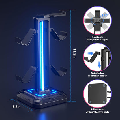 KDD RGB Headset Stand with 9 Light Modes - Controller Holder for Desk - Rotatable Headphone Stand & Detachable Controller Hook for PC Earphone Accessories(Black)