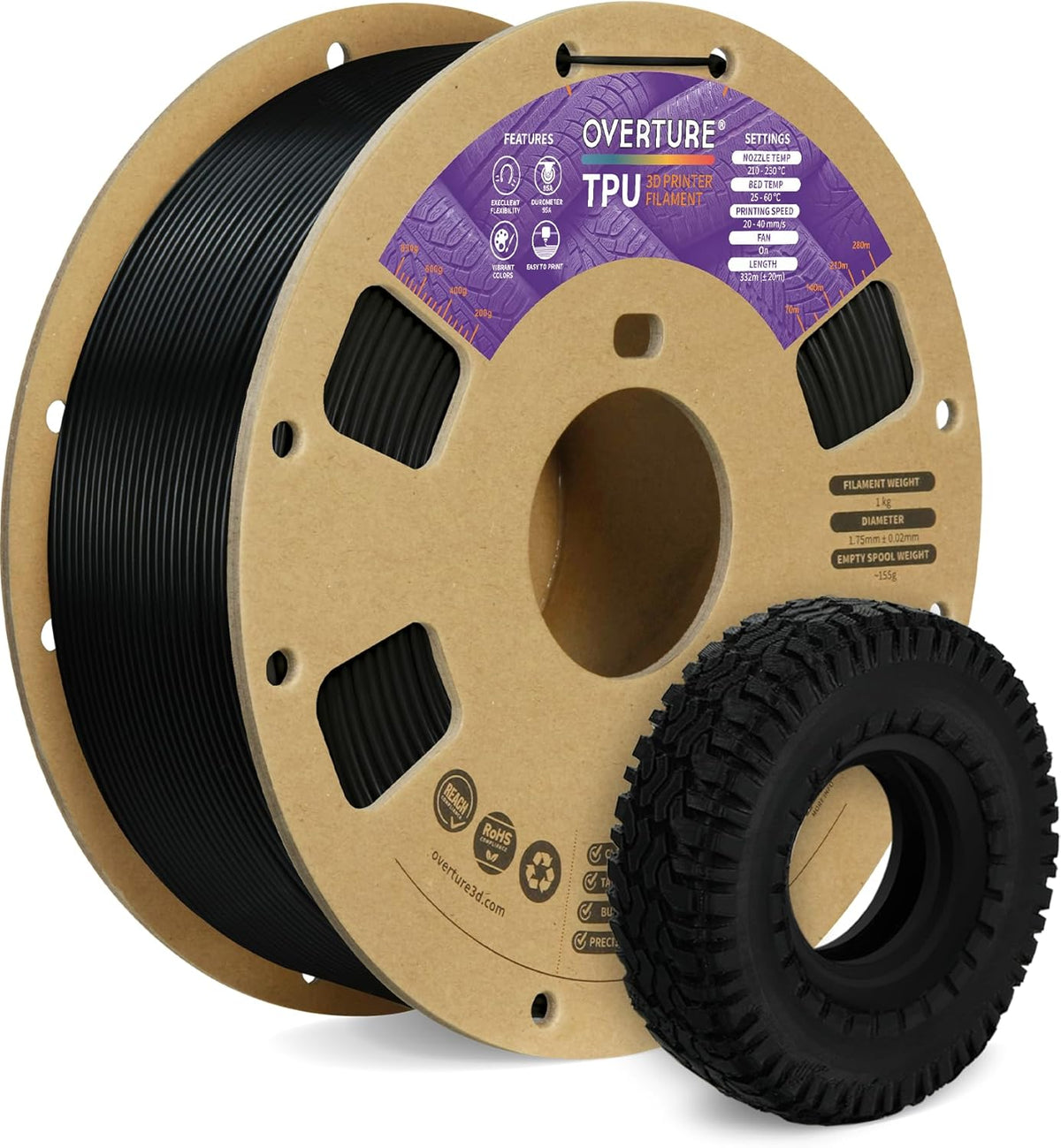 OVERTURE TPU 95A Flexible 3D Printer Filament 1.75mm, 1kg Black