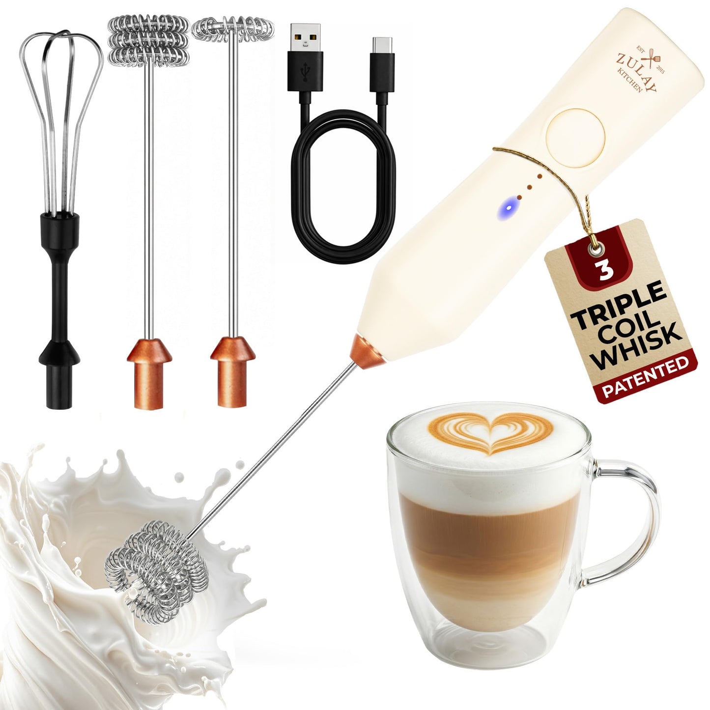 Zulay Kitchen Powerful Milk Frother Wand With 2 Duracell Batteries - Ultra Fast Handheld Drink Mixer - Electric Whisk Foam Maker for Coffee, Lattes, Cappuccino, Matcha, Hot Chocolate & Creamer - Black