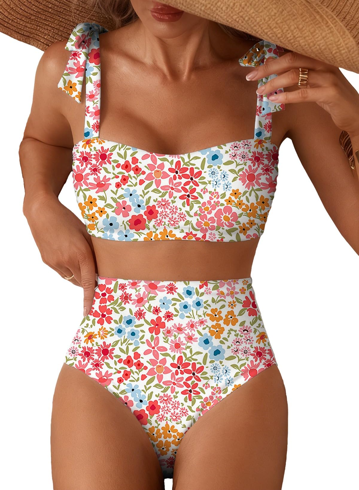 Herseas Women's Tie Shoulder Bikini Sets 2 Piece High Waisted Swimsuits