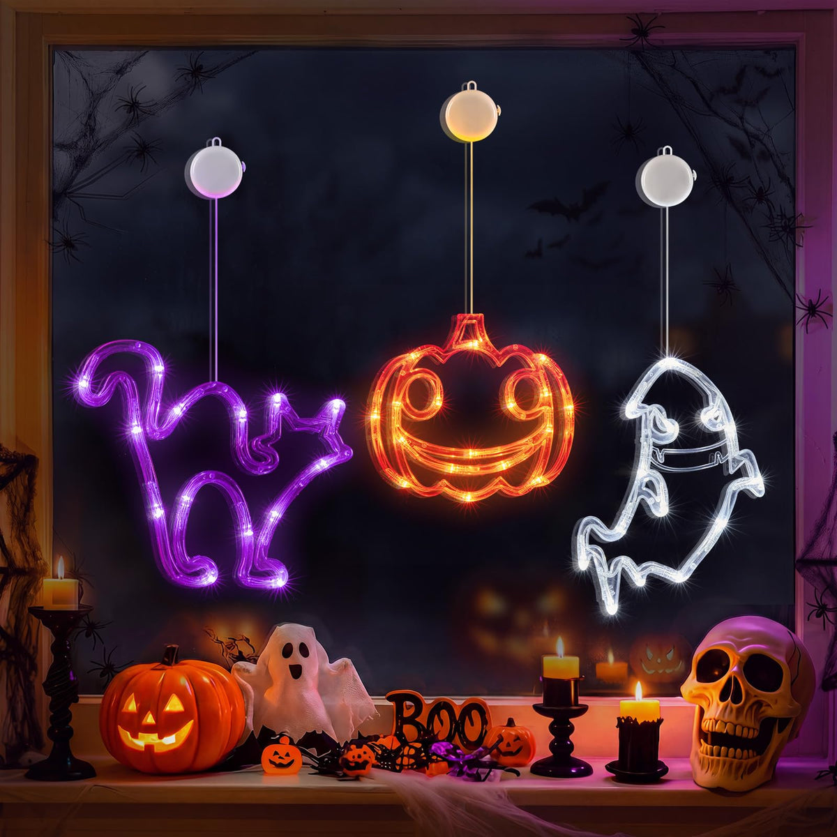 Minetom 3 Pack Halloween Windows Lights - Pumpkin, Ghost, Hat with Timer