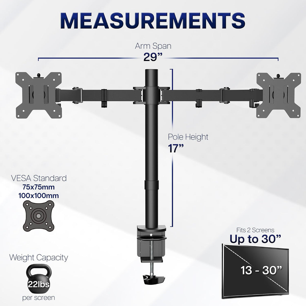 VIVO Dual Monitor Desk Mount, Holds 2 Computer Screens up to 30 inches and 22lbs Each, Heavy Duty Fully Adjustable Steel Stand with C-Clamp and Grommet, Black, STAND-V002