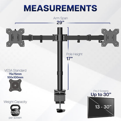 VIVO Dual Monitor Desk Mount, Holds 2 Computer Screens up to 30 inches and 22lbs Each, Heavy Duty Fully Adjustable Steel Stand with C-Clamp and Grommet, Black, STAND-V002