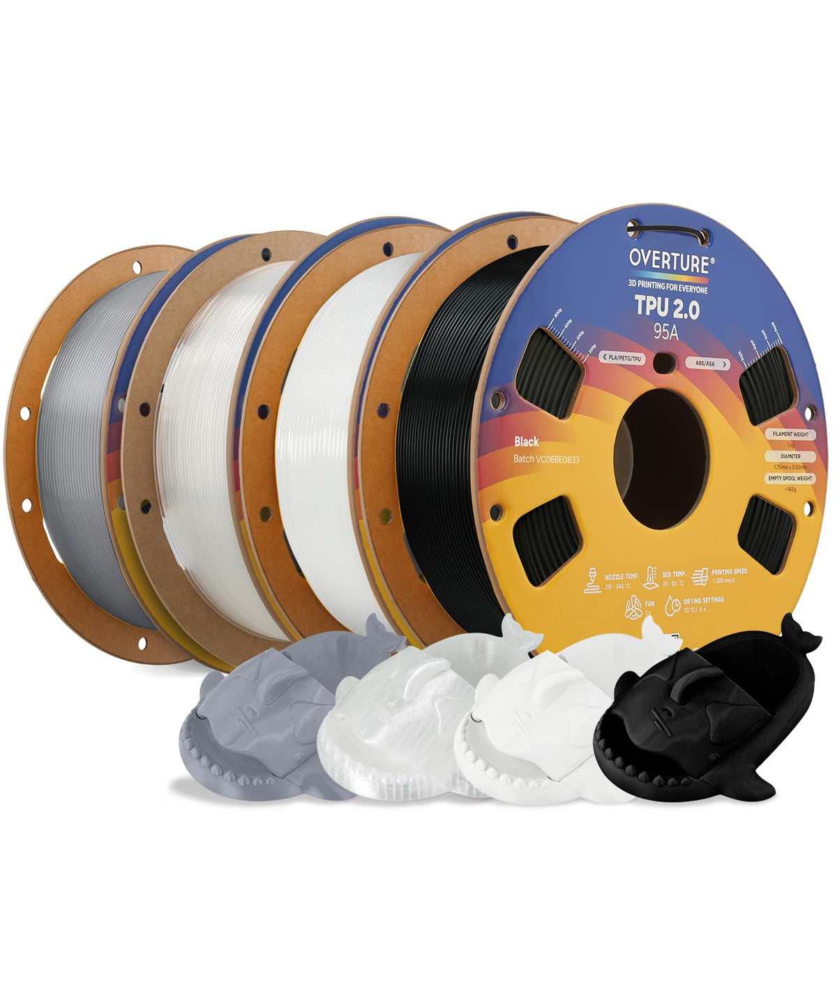 OVERTURE TPU 95A Flexible 3D Printer Filament 1.75mm, 1kg Black