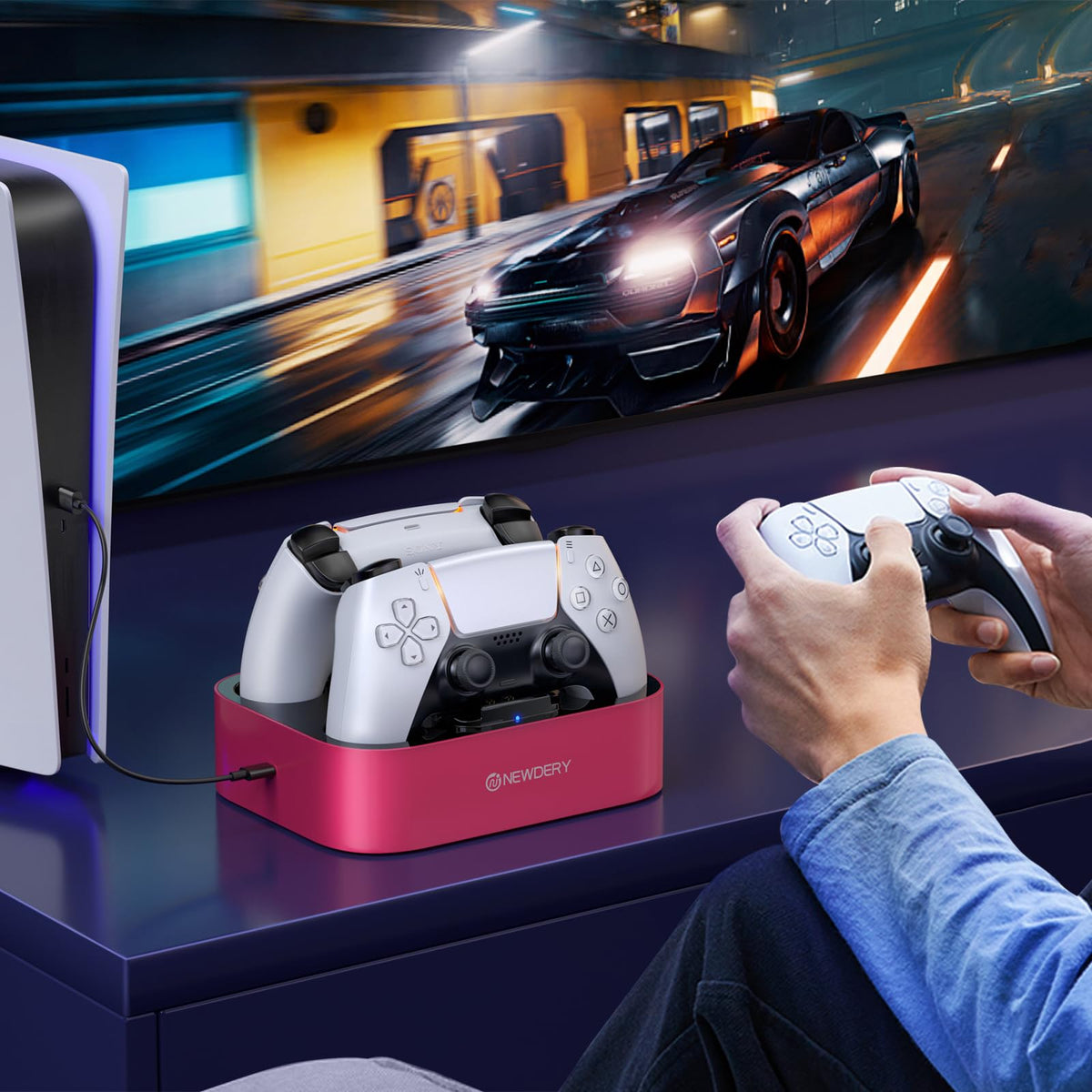 NEWDERY for PS5 Controller Charger Station Compatible with Dualsense Edge, Fast Charging Dock Stand with Cable, Dual Charging Station for PlayStation 5 & DualSense Edge Controller