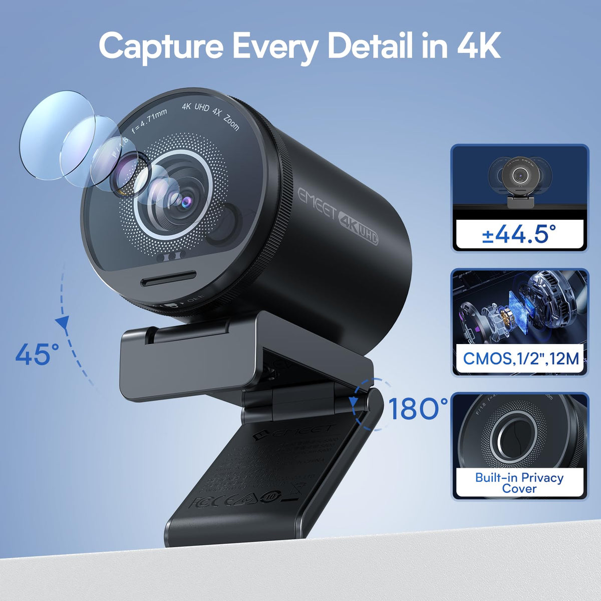 EMEET S600 4K Webcam for Streaming, Sony 1/2.55'' Sensor, PDAF Autofocus