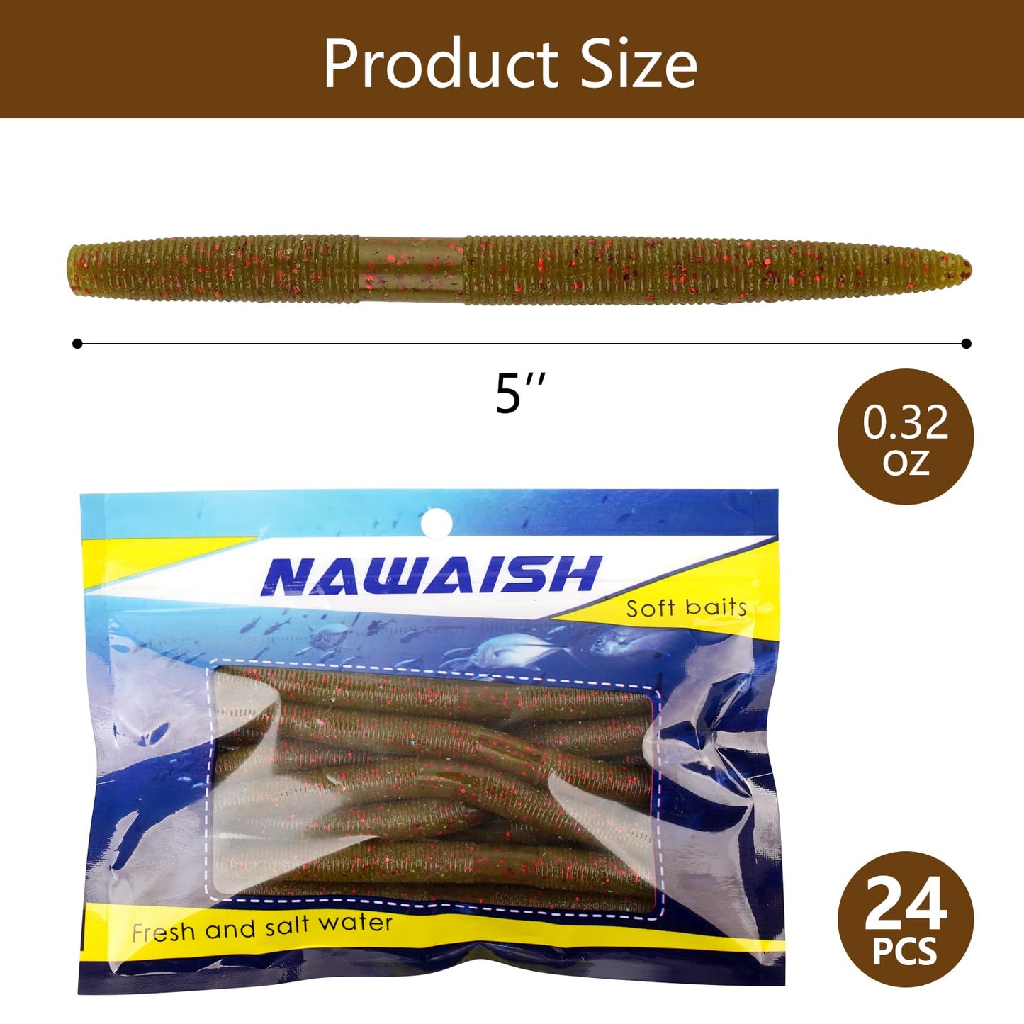 Senko Bait Soft Plastic Lures 5" Senkos 24 Pcs/100pcs for Wacky Rig Freshwater Fishing Green Pumpkin senko with Black Flake Pink Watermelon Double Color