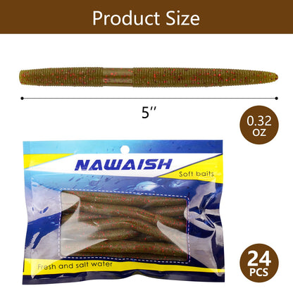 Senko Bait Soft Plastic Lures 5" Senkos 24 Pcs/100pcs for Wacky Rig Freshwater Fishing Green Pumpkin senko with Black Flake Pink Watermelon Double Color