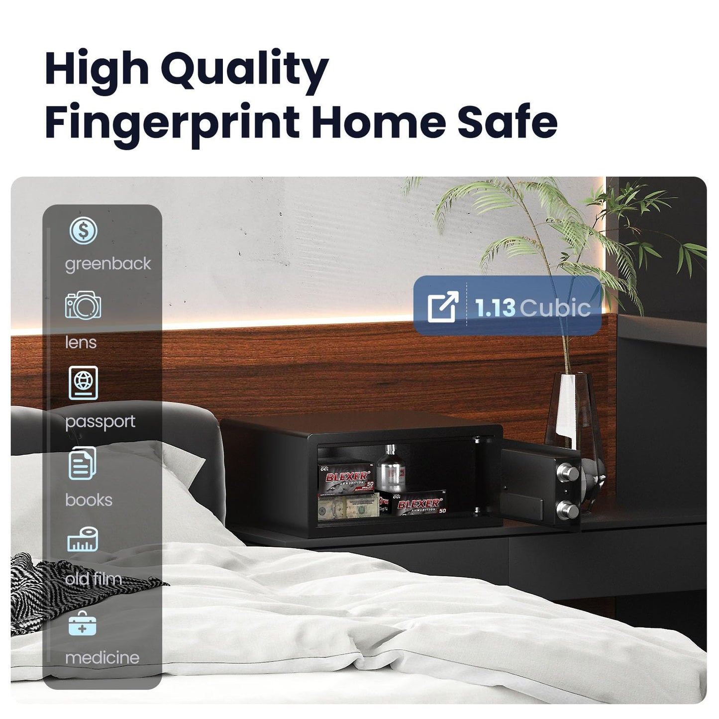 Grimtron Smart Biometric Safe - (0.80 cu. ft.) Fingerprint Lock Box with Silent Mode, Backlit Keypad and LED Light, Small Caja Fuerte with Anti-Rust and Anti-Theft