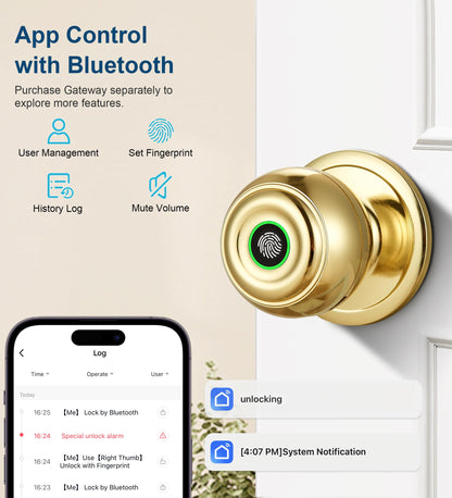 Fingerprint Door Lock, Smart Fingerprint Door Knob with Lock, Biometric Door Locks with App Control & Key, Keyless Thumbprint Entry Door Locks for Bedroom, Front Door, Home, Apartment-Silver