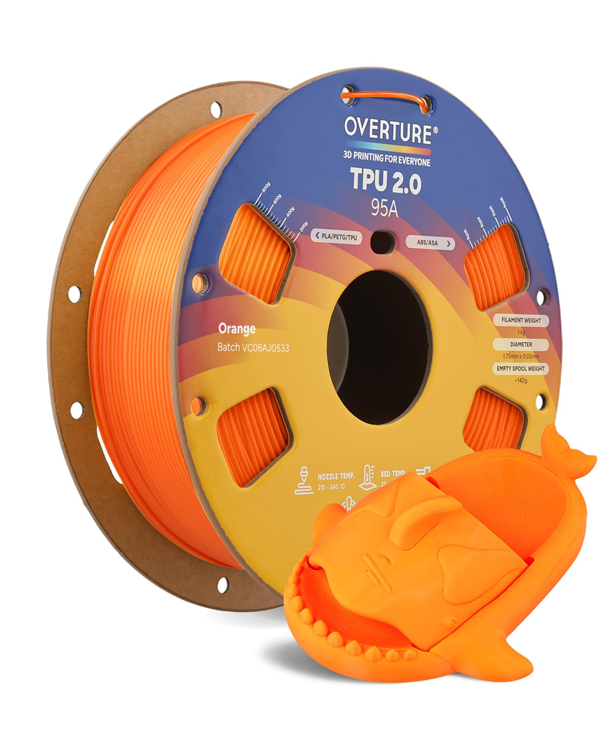 OVERTURE TPU 95A Flexible 3D Printer Filament 1.75mm, 1kg Black