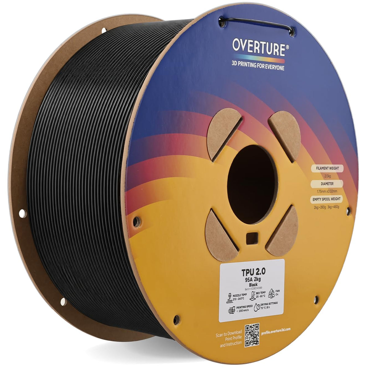 OVERTURE TPU 95A Flexible 3D Printer Filament 1.75mm, 1kg Black