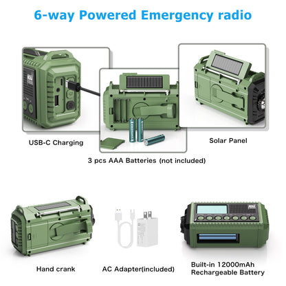Auto NOAA Emergency Weather Radio, Solar Hand Crank Radio,Portable Battery Operated Emergency Radio with AM FM Shortwave,USB Charger,LED Flashlight,Clock, SOS Alert for Home Outdoors Camping Survival